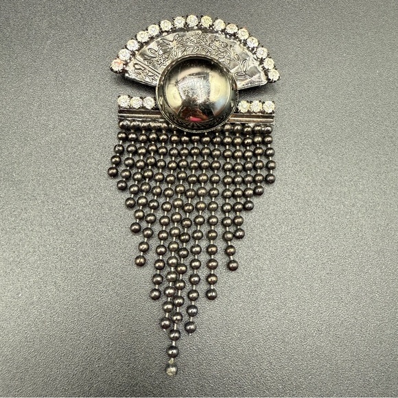 Vintage Art Deco Black Metal Fan Tassel Brooch with Dangly Chain Strands - Picture 1 of 17